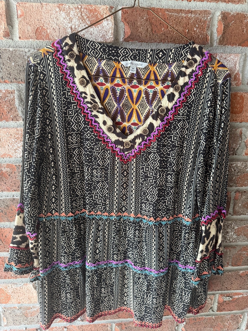 John Mark Black Patterned V-Neck Tunic with Multicolor Trim